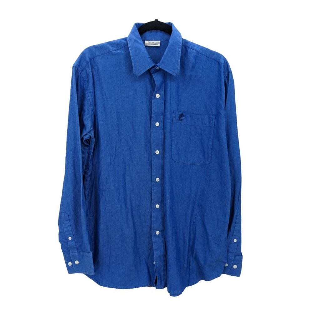 Disney Parks Button Up Shirt Men Mickey Mouse Logo Herringbone Disneyland Resort